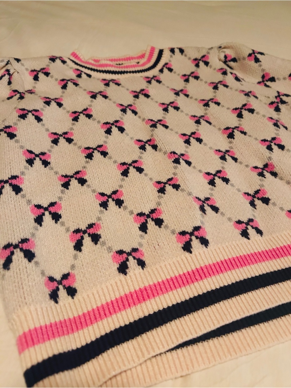 Cream Crewneck Sweater with Pink & Navy Bow Motif